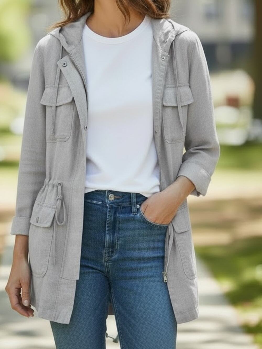 St. Tropez 100% Linen Gray Hooded Longer Utility Jacket Size Small